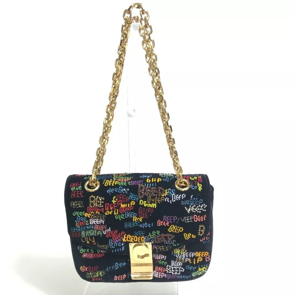 CELINE Small C Multi Beaded Chain Shoulder Bag suede Black x Multicolore